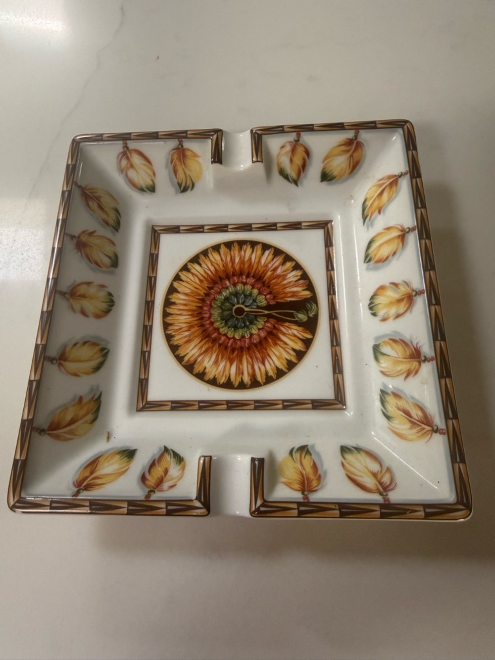Hermès Feather Porcelain Ashtray Limoges France Square Catchall